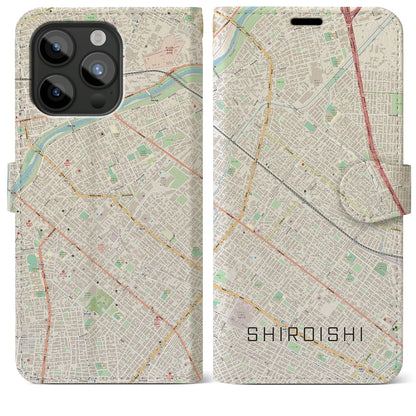 【白石（北海道）】地図柄iPhoneケース（手帳タイプ）ナチュラル・iPhone 15 Pro Max 用