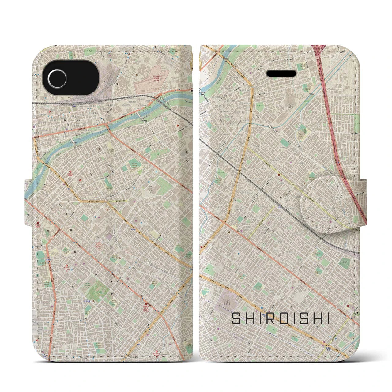 【白石（北海道）】地図柄iPhoneケース（手帳両面タイプ・ナチュラル）iPhone SE（第3 / 第2世代） / 8 / 7 / 6s / 6 用