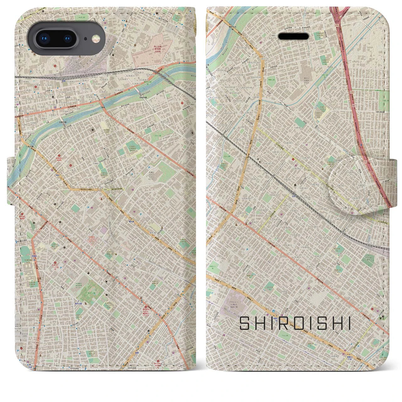 【白石（北海道）】地図柄iPhoneケース（手帳両面タイプ・ナチュラル）iPhone 8Plus /7Plus / 6sPlus / 6Plus 用