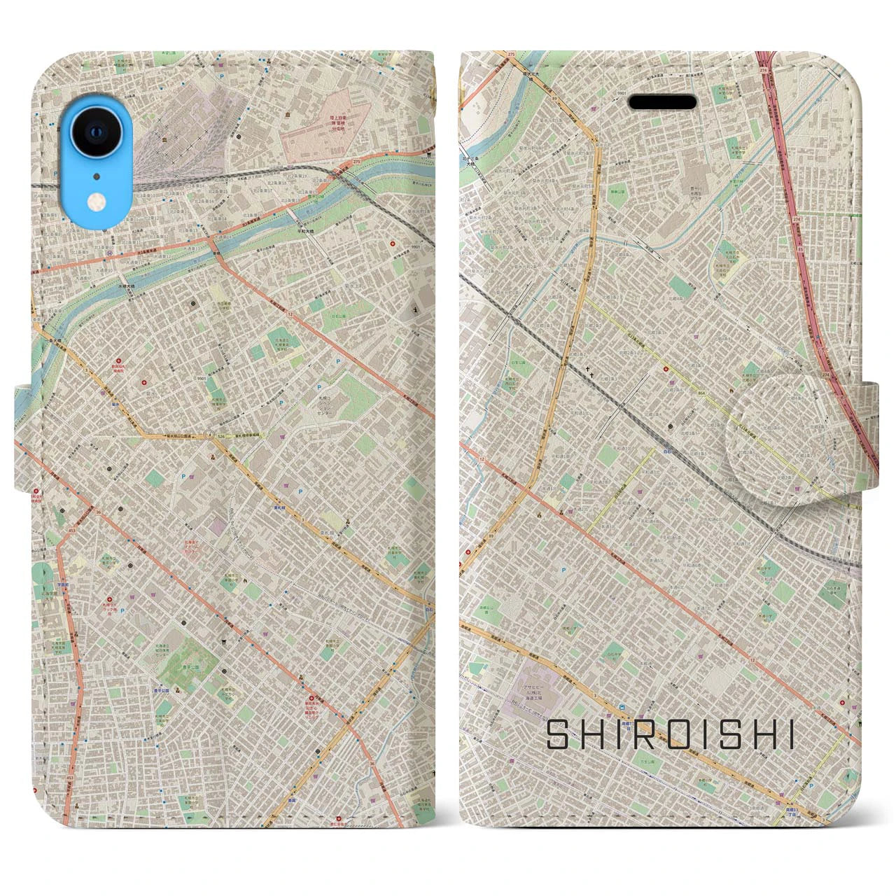 【白石（北海道）】地図柄iPhoneケース（手帳両面タイプ・ナチュラル）iPhone XR 用