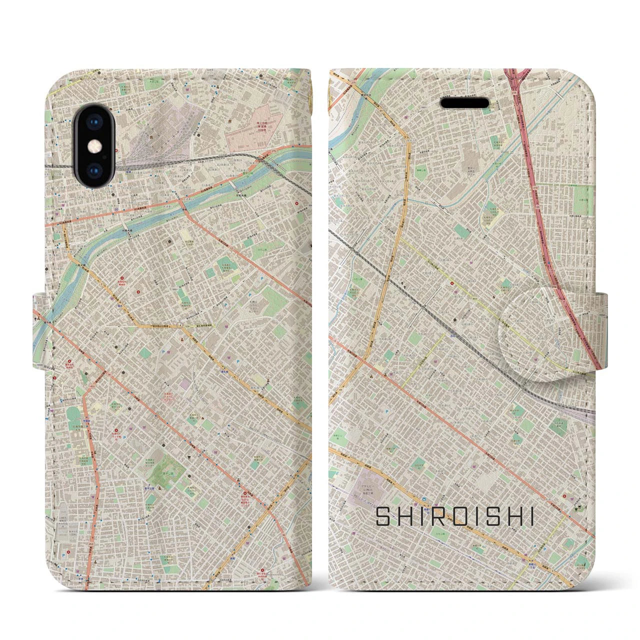 【白石（北海道）】地図柄iPhoneケース（手帳両面タイプ・ナチュラル）iPhone XS / X 用