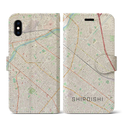 【白石（北海道）】地図柄iPhoneケース（手帳タイプ）ナチュラル・iPhone XS / X 用