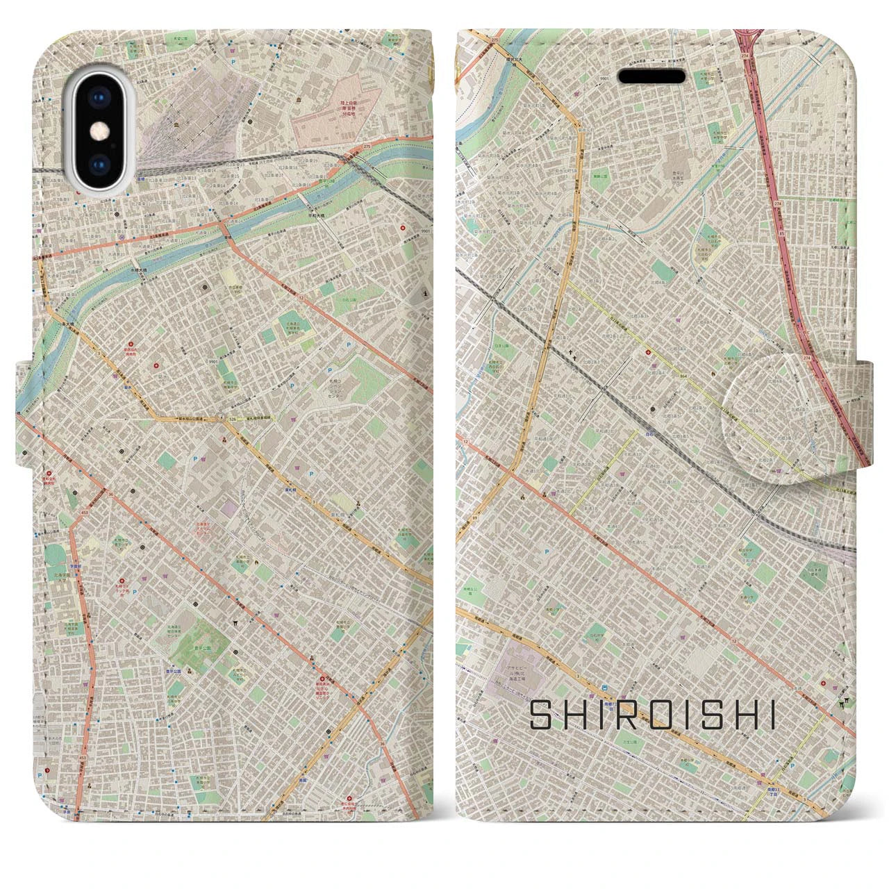 【白石（北海道）】地図柄iPhoneケース（手帳両面タイプ・ナチュラル）iPhone XS Max 用