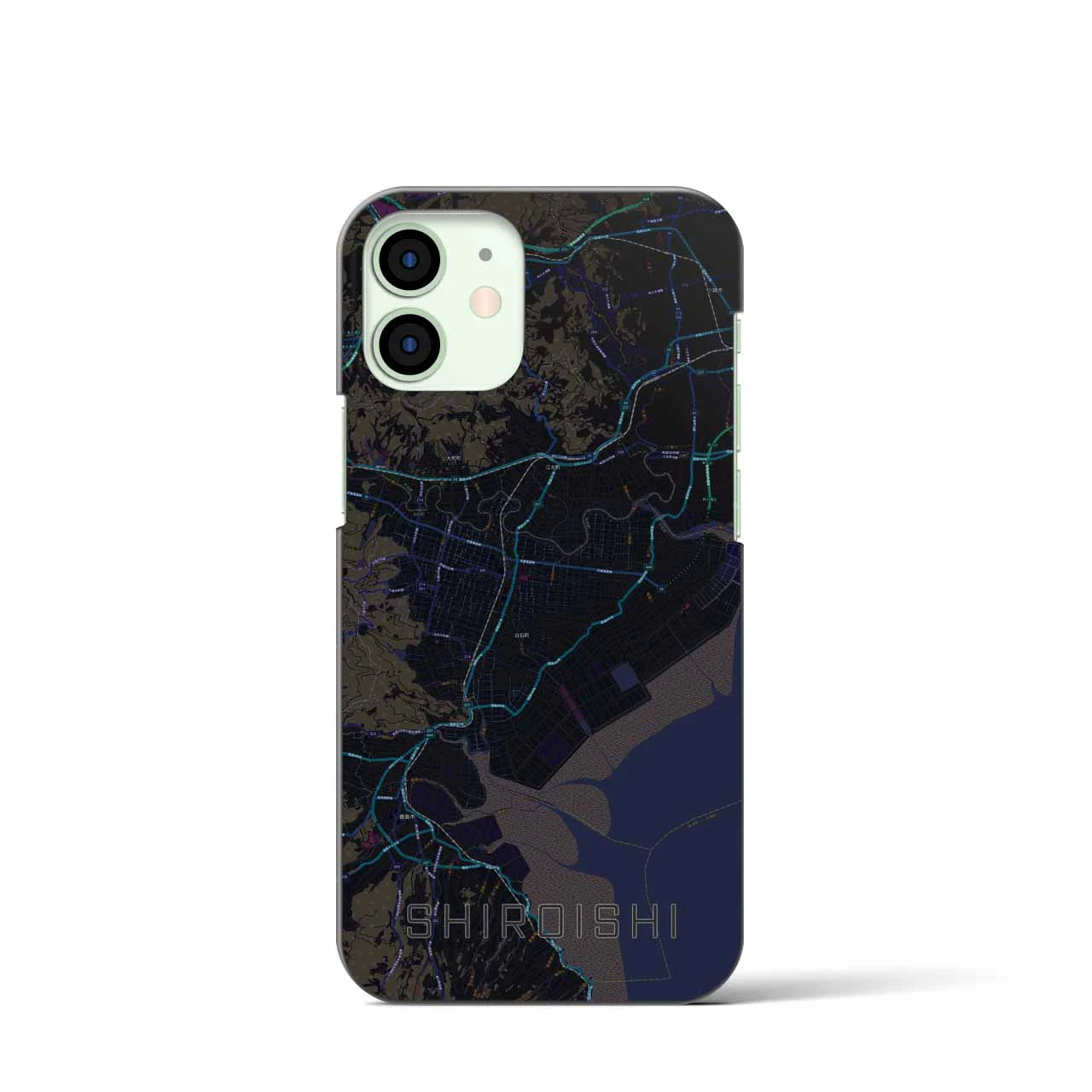 【白石（佐賀県）】地図柄iPhoneケース（バックカバータイプ・ブラック）iPhone 12 mini 用