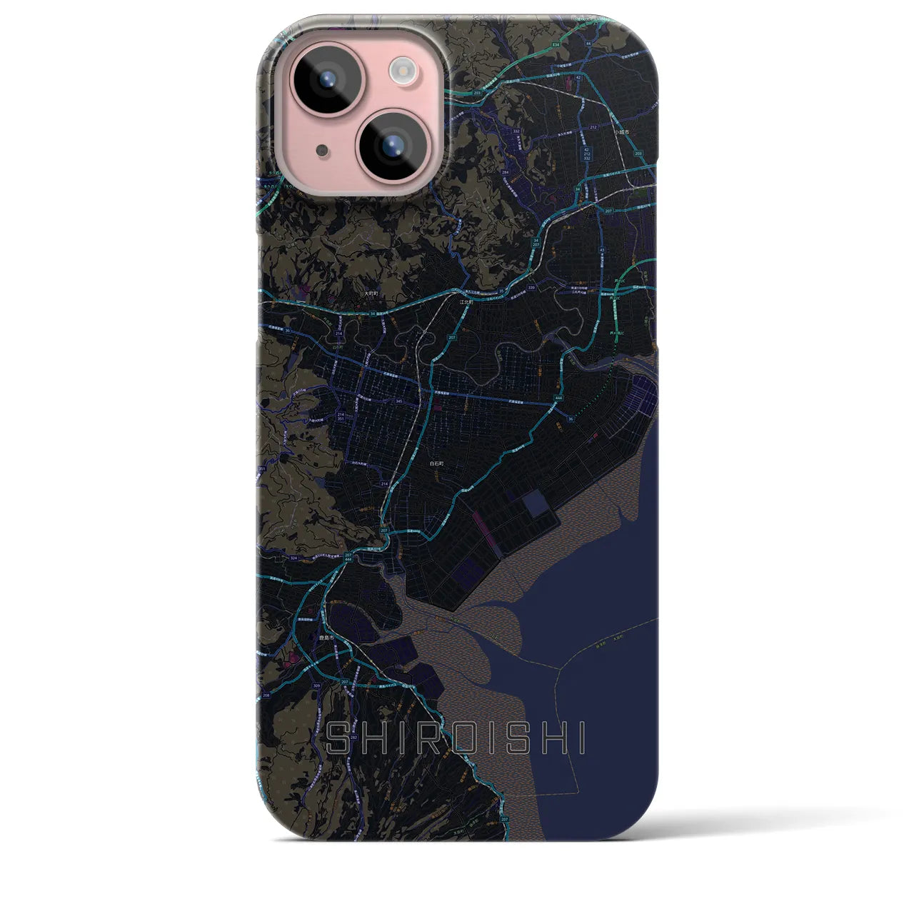【白石（佐賀県）】地図柄iPhoneケース（バックカバータイプ・ブラック）iPhone 15 Plus 用