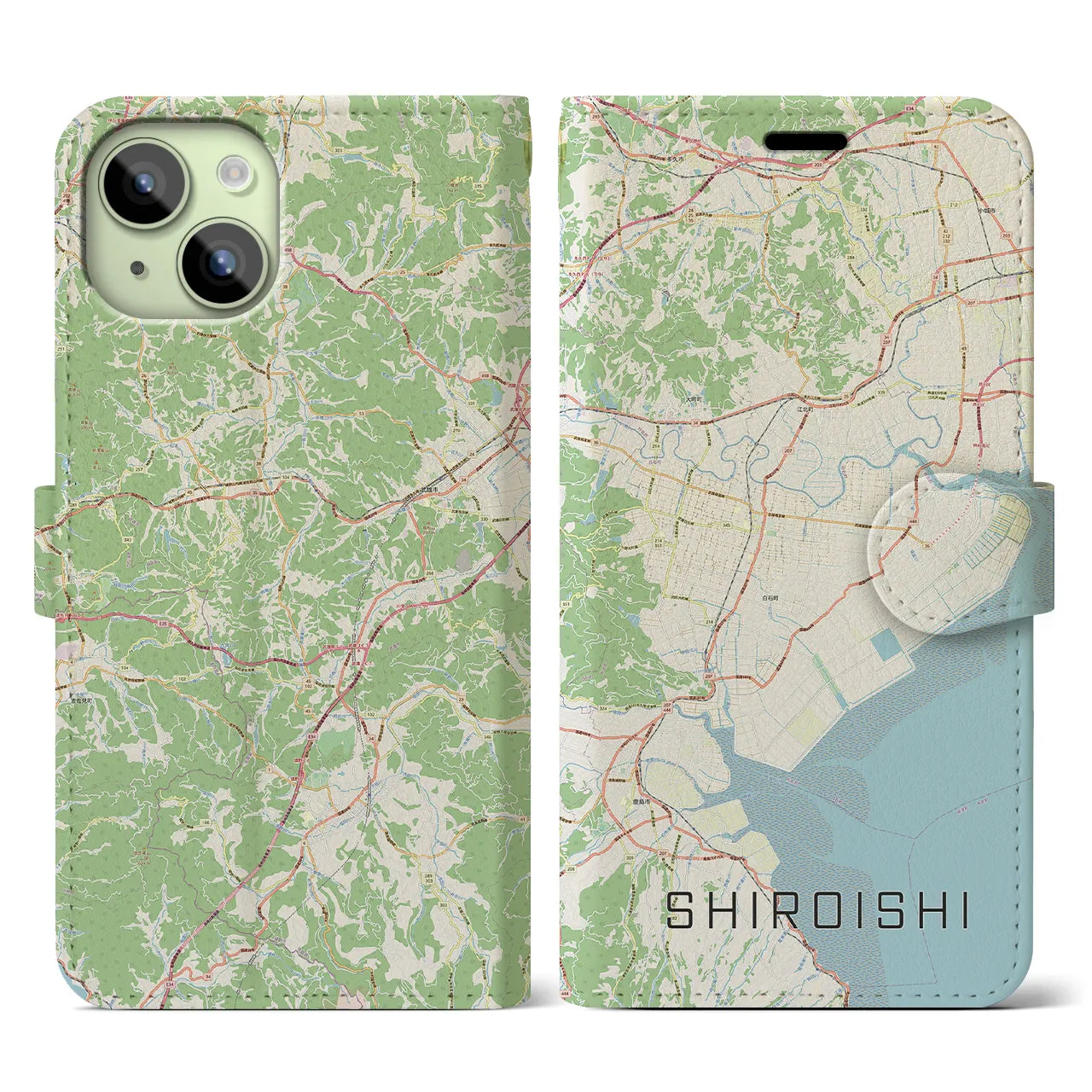 【白石（佐賀県）】地図柄iPhoneケース（手帳両面タイプ・ナチュラル）iPhone 15 用