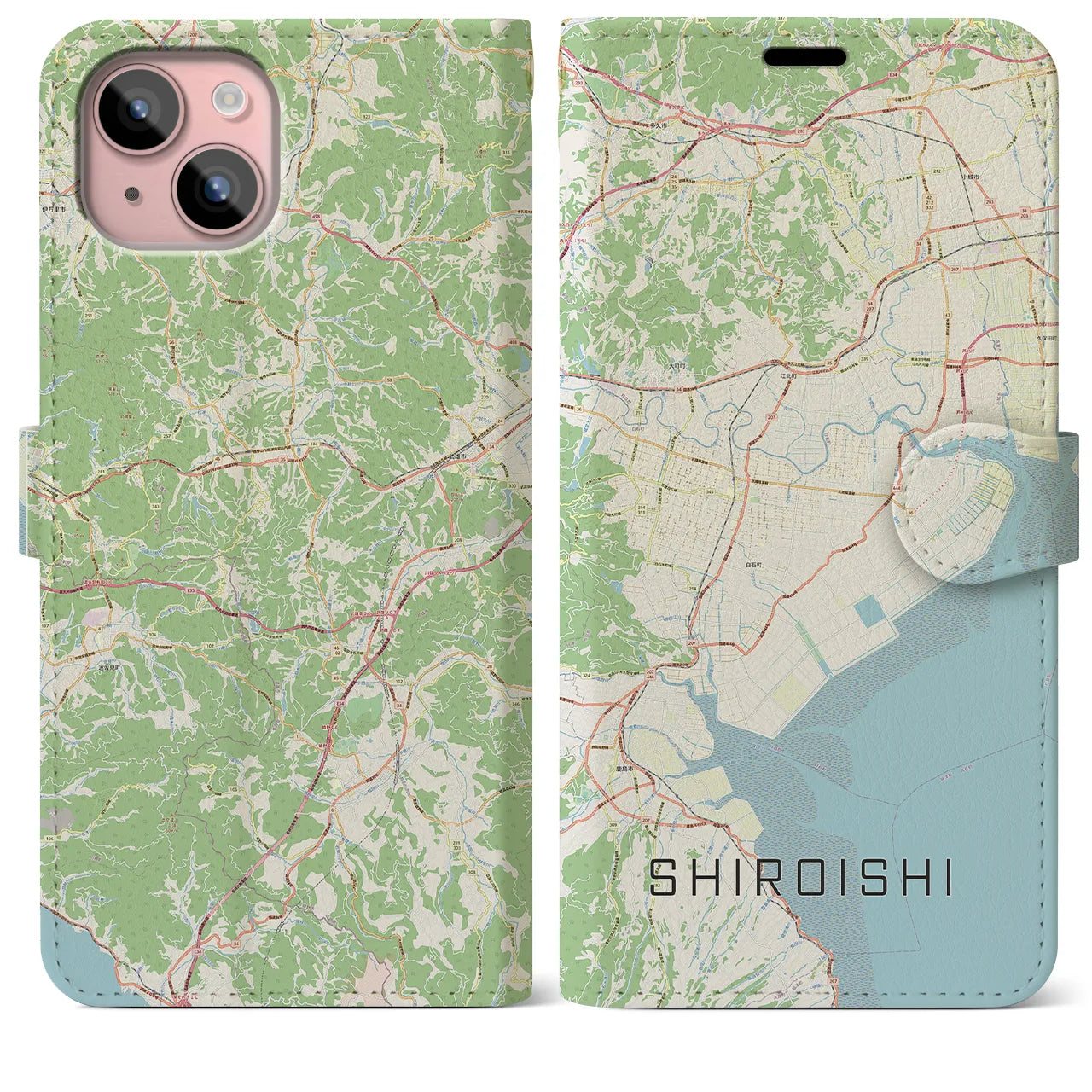 【白石（佐賀県）】地図柄iPhoneケース（手帳両面タイプ・ナチュラル）iPhone 15 Plus 用