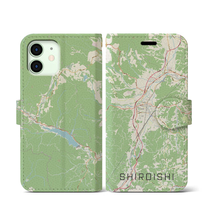 【白石（宮城県）】地図柄iPhoneケース（手帳タイプ）ナチュラル・iPhone 12 mini 用