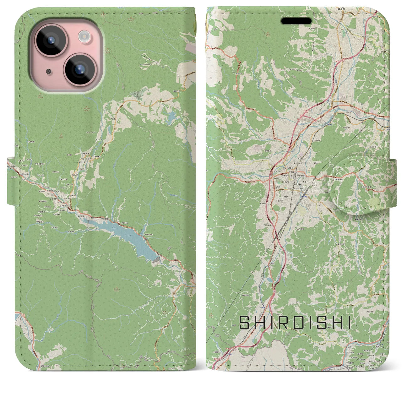 【白石】地図柄iPhoneケース（手帳両面タイプ・ナチュラル）iPhone 15 Plus 用