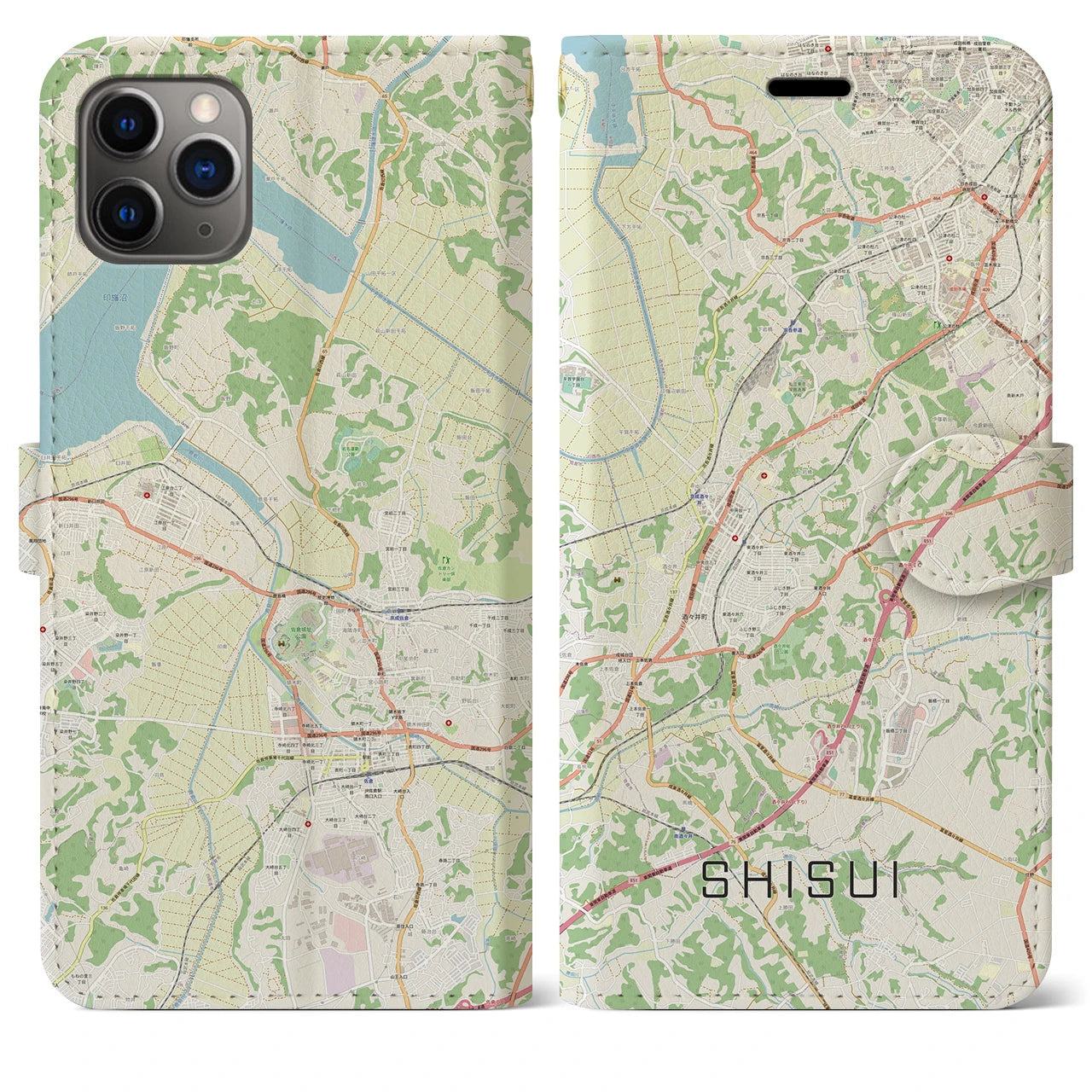 【酒々井】地図柄iPhoneケース（手帳両面タイプ・ナチュラル）iPhone 11 Pro Max 用