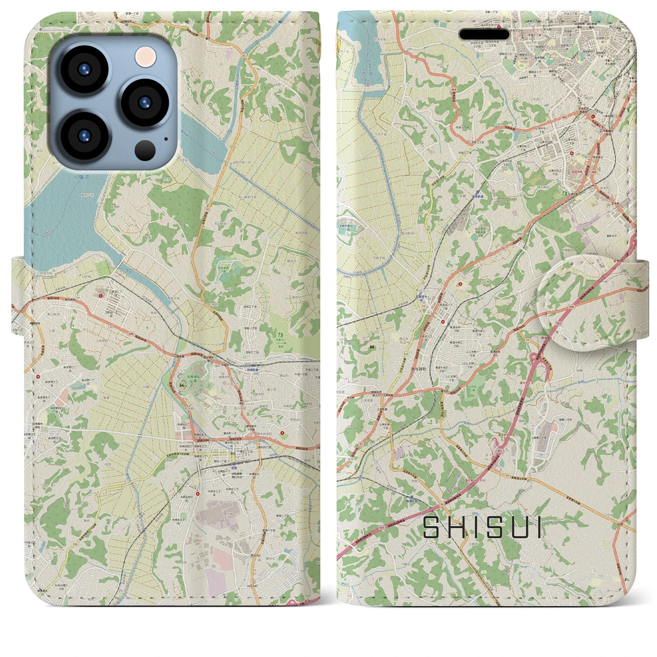 【酒々井】地図柄iPhoneケース（手帳両面タイプ・ナチュラル）iPhone 13 Pro Max 用