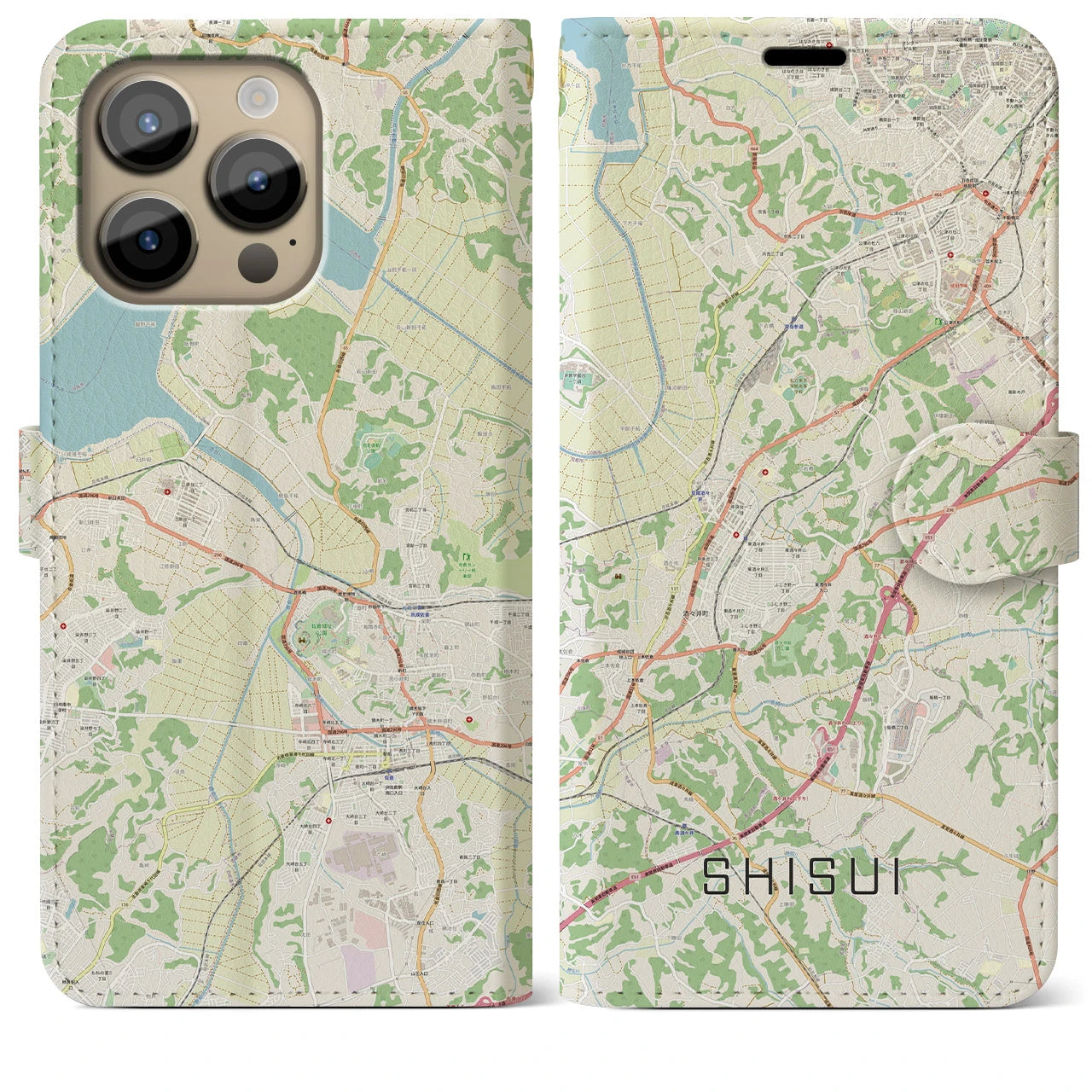 【酒々井】地図柄iPhoneケース（手帳両面タイプ・ナチュラル）iPhone 14 Pro Max 用