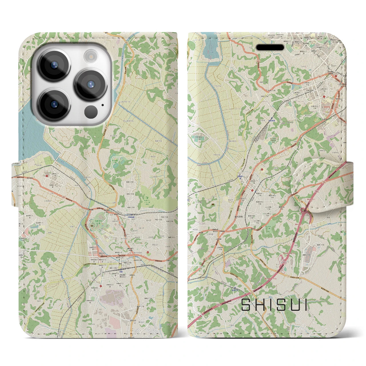 【酒々井】地図柄iPhoneケース（手帳両面タイプ・ナチュラル）iPhone 14 Pro 用