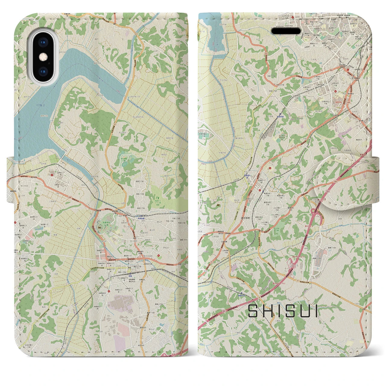 【酒々井】地図柄iPhoneケース（手帳両面タイプ・ナチュラル）iPhone XS Max 用