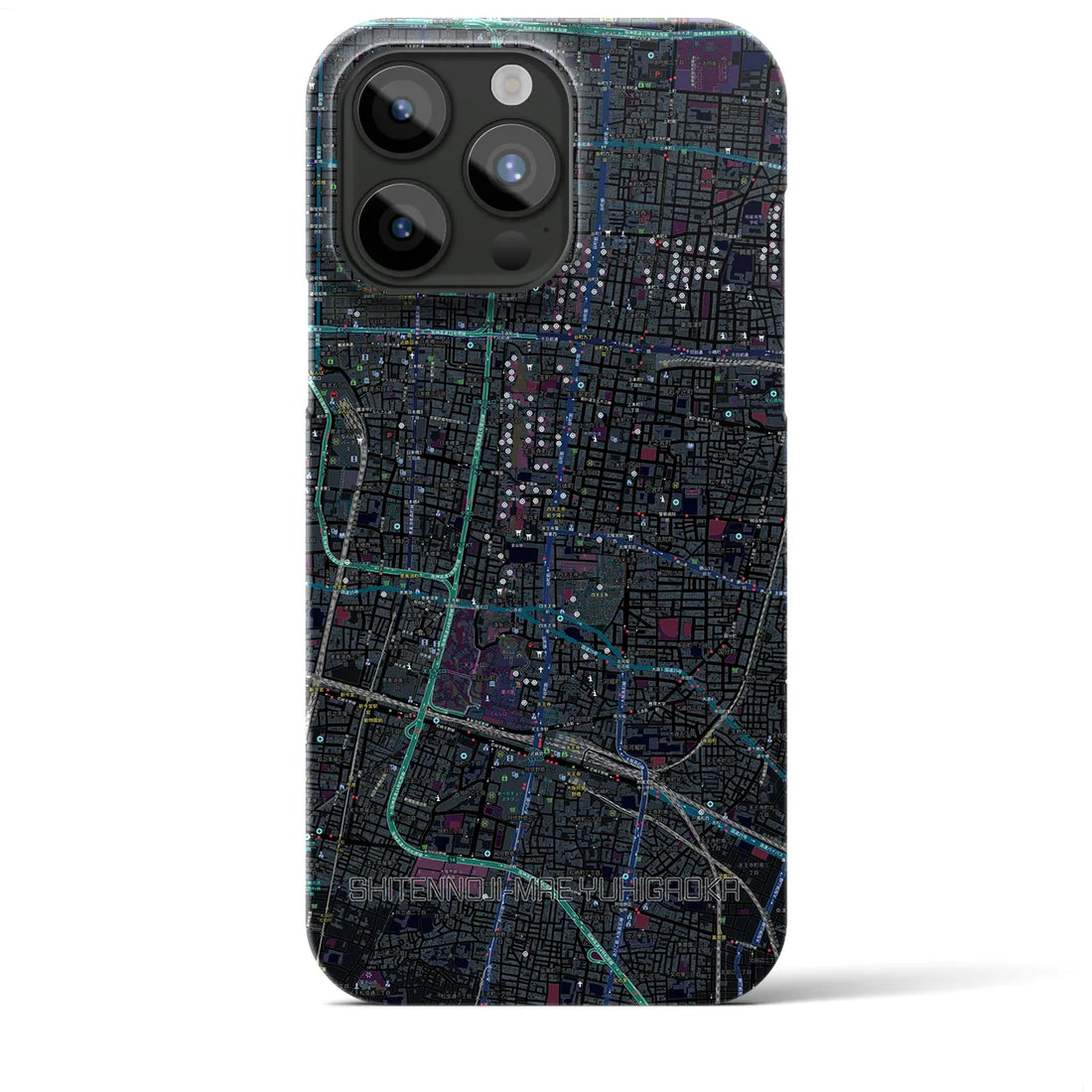 【四天王寺前夕陽ヶ丘】地図柄iPhoneケース（バックカバータイプ・ブラック）iPhone 15 Pro Max 用