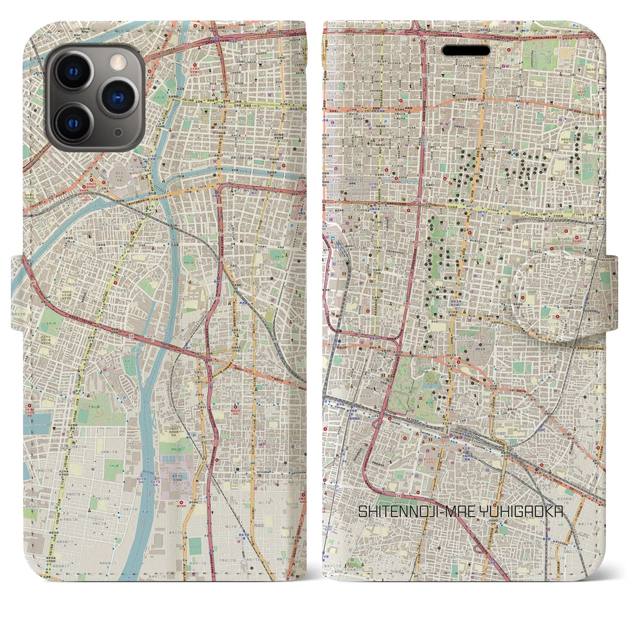 【四天王寺前夕陽ヶ丘】地図柄iPhoneケース（手帳両面タイプ・ナチュラル）iPhone 11 Pro Max 用