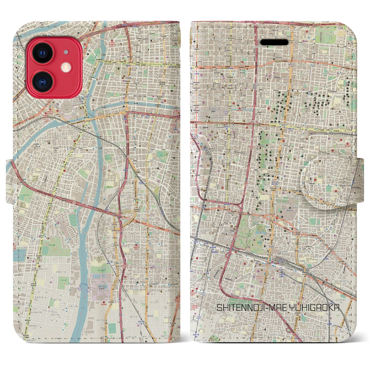 【四天王寺前夕陽ヶ丘】地図柄iPhoneケース（手帳両面タイプ・ナチュラル）iPhone 11 用