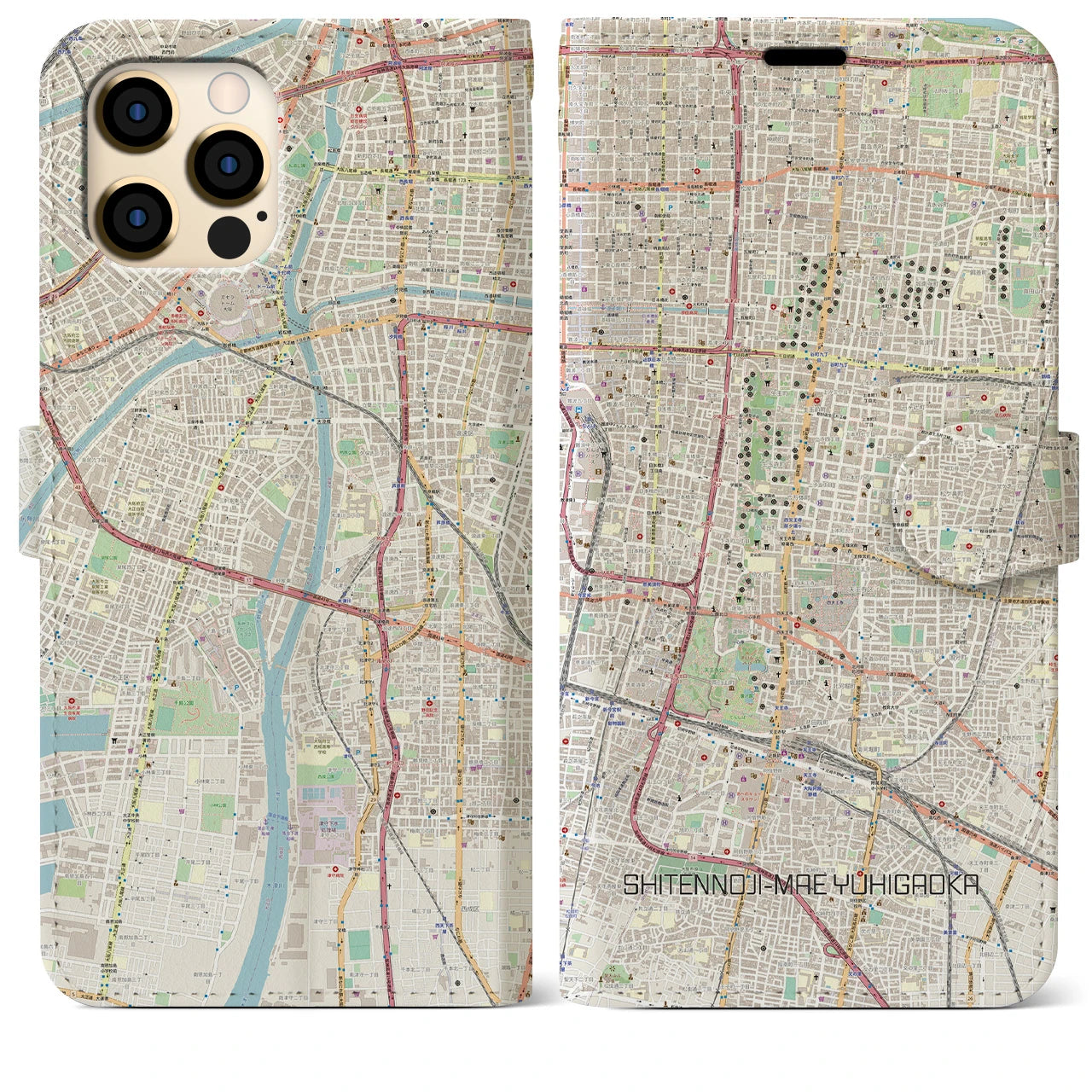 【四天王寺前夕陽ヶ丘】地図柄iPhoneケース（手帳両面タイプ・ナチュラル）iPhone 12 Pro Max 用