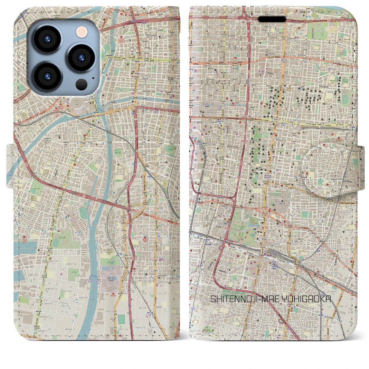 【四天王寺前夕陽ヶ丘（大阪府）】地図柄iPhoneケース（手帳タイプ）ナチュラル・iPhone 13 Pro Max 用