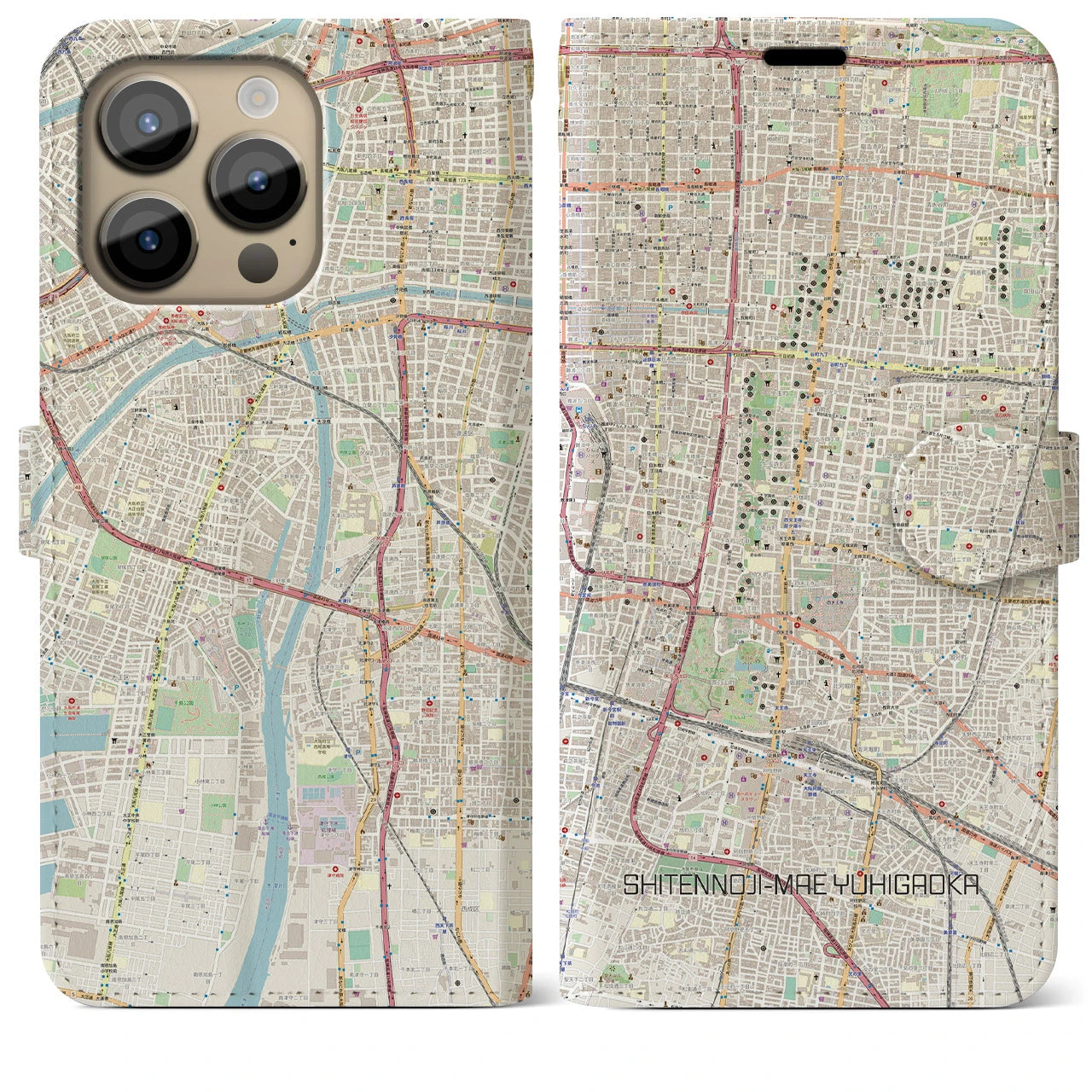 【四天王寺前夕陽ヶ丘】地図柄iPhoneケース（手帳両面タイプ・ナチュラル）iPhone 14 Pro Max 用
