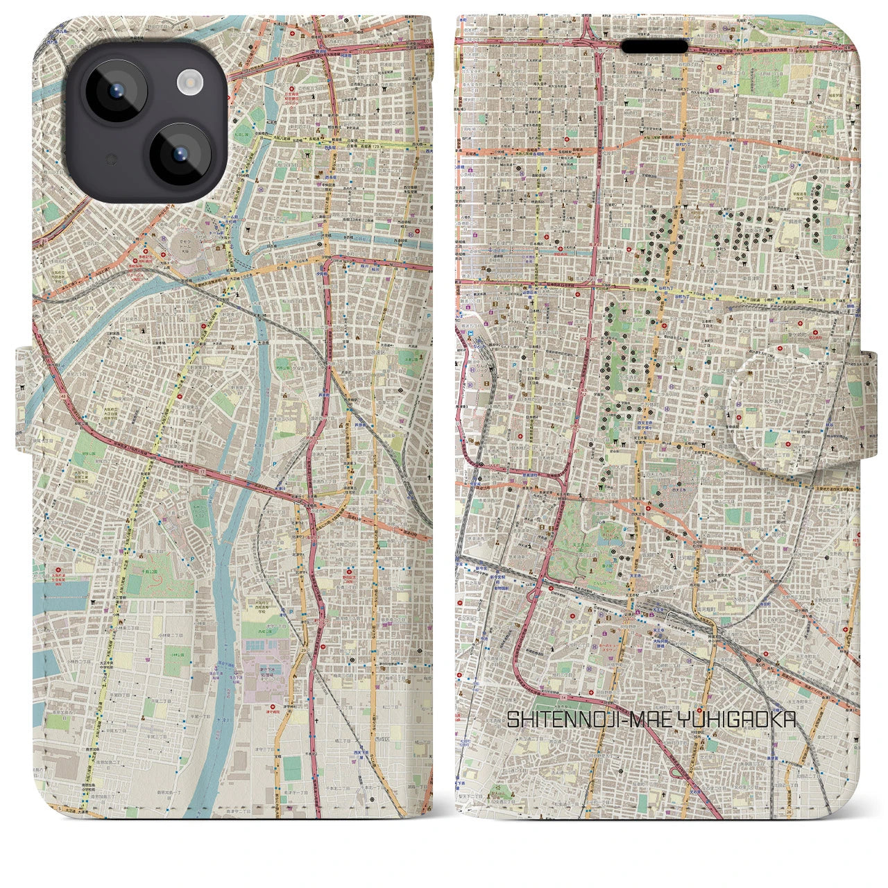 【四天王寺前夕陽ヶ丘（大阪府）】地図柄iPhoneケース（手帳タイプ）ナチュラル・iPhone 14 Plus 用