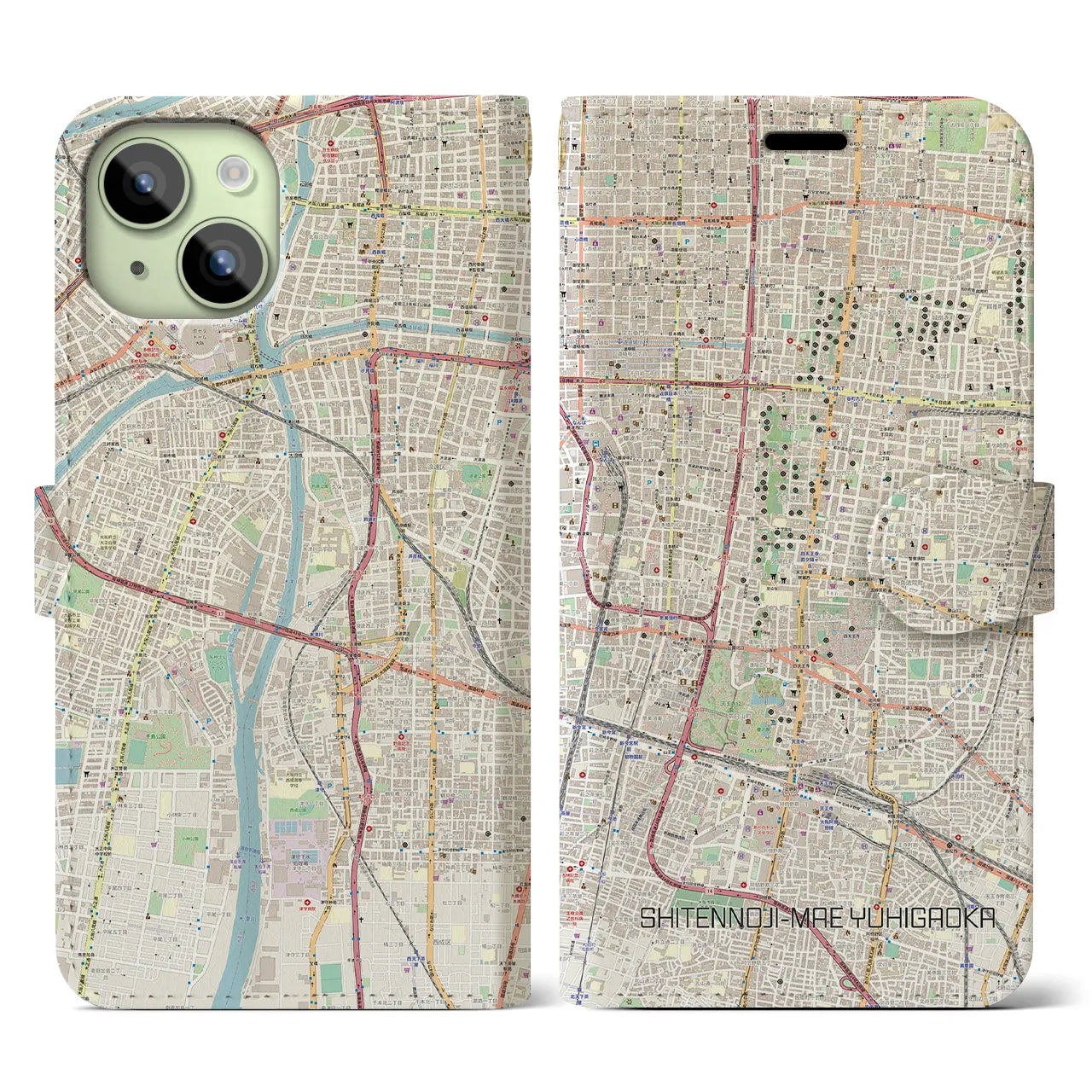 【四天王寺前夕陽ヶ丘】地図柄iPhoneケース（手帳両面タイプ・ナチュラル）iPhone 15 用