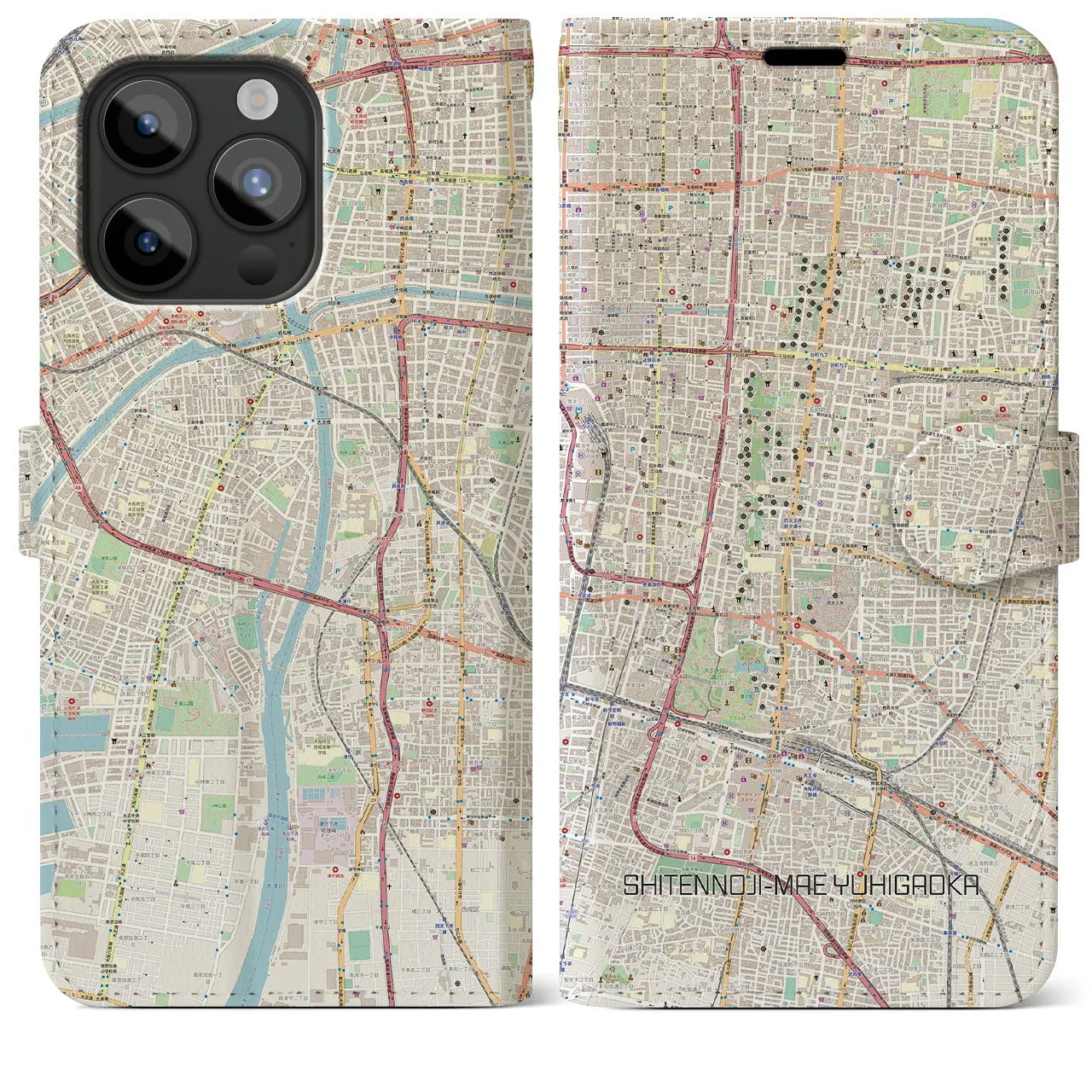 【四天王寺前夕陽ヶ丘】地図柄iPhoneケース（手帳両面タイプ・ナチュラル）iPhone 15 Pro Max 用