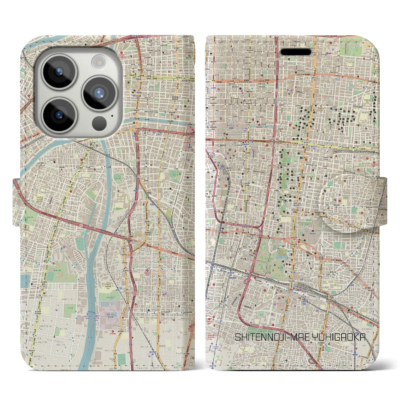 【四天王寺前夕陽ヶ丘】地図柄iPhoneケース（手帳両面タイプ・ナチュラル）iPhone 15 Pro 用