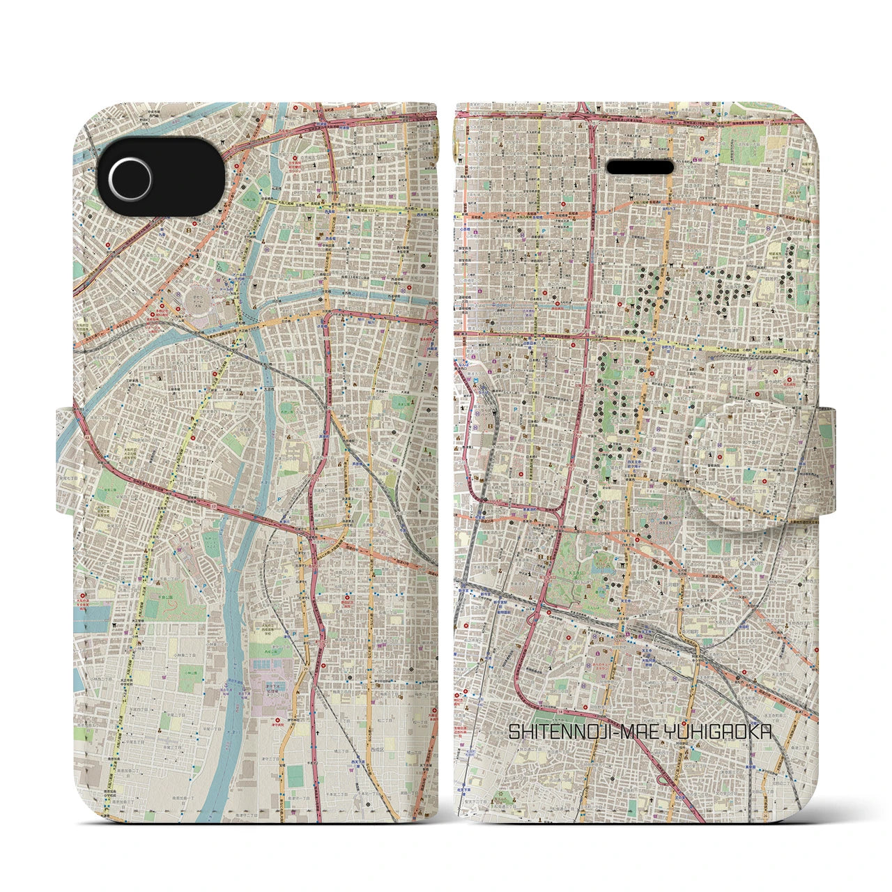 【四天王寺前夕陽ヶ丘】地図柄iPhoneケース（手帳両面タイプ・ナチュラル）iPhone SE（第3 / 第2世代） / 8 / 7 / 6s / 6 用