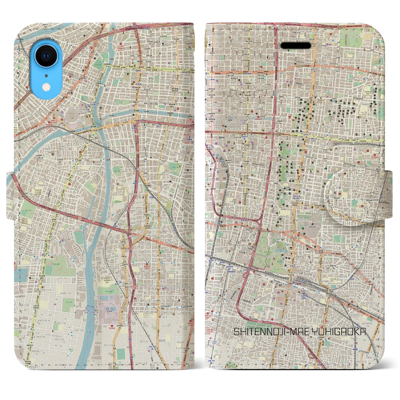 【四天王寺前夕陽ヶ丘】地図柄iPhoneケース（手帳両面タイプ・ナチュラル）iPhone XR 用