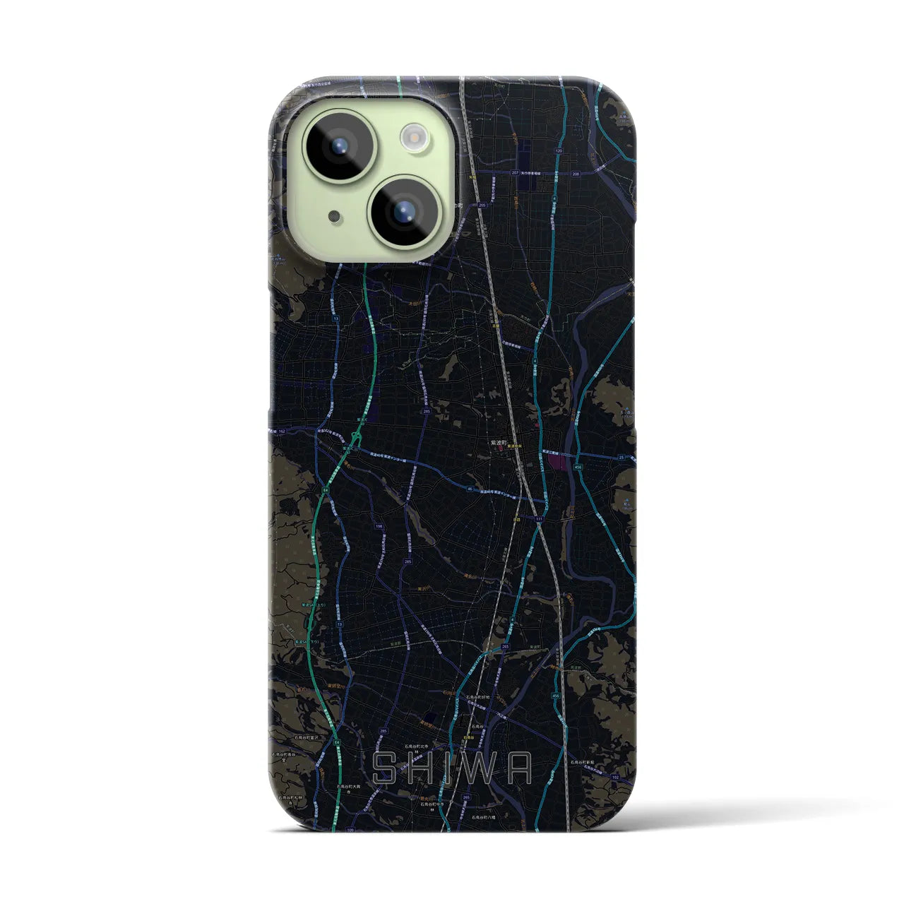 【紫波】地図柄iPhoneケース（バックカバータイプ・ブラック）iPhone 15 用