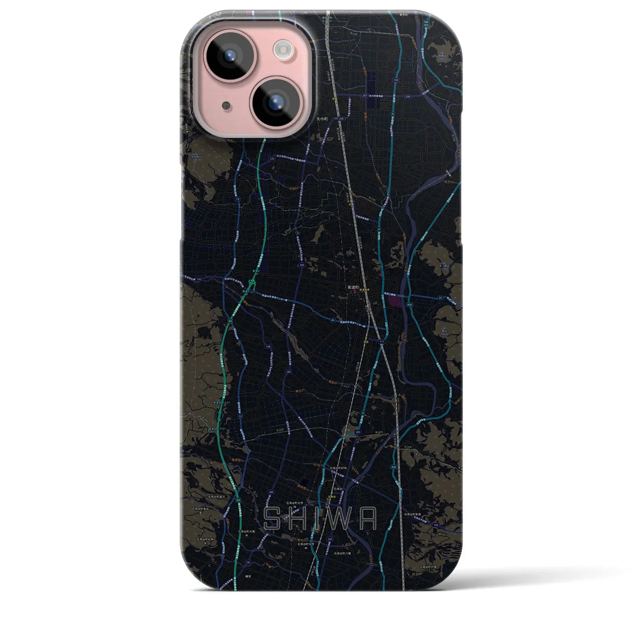 【紫波】地図柄iPhoneケース（バックカバータイプ・ブラック）iPhone 15 Plus 用