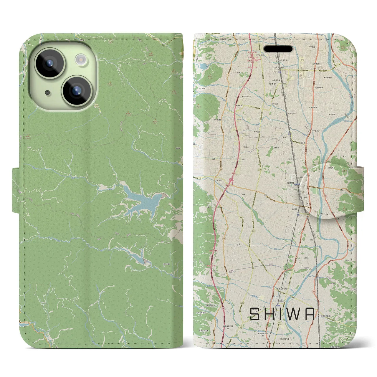 【紫波】地図柄iPhoneケース（手帳両面タイプ・ナチュラル）iPhone 15 用