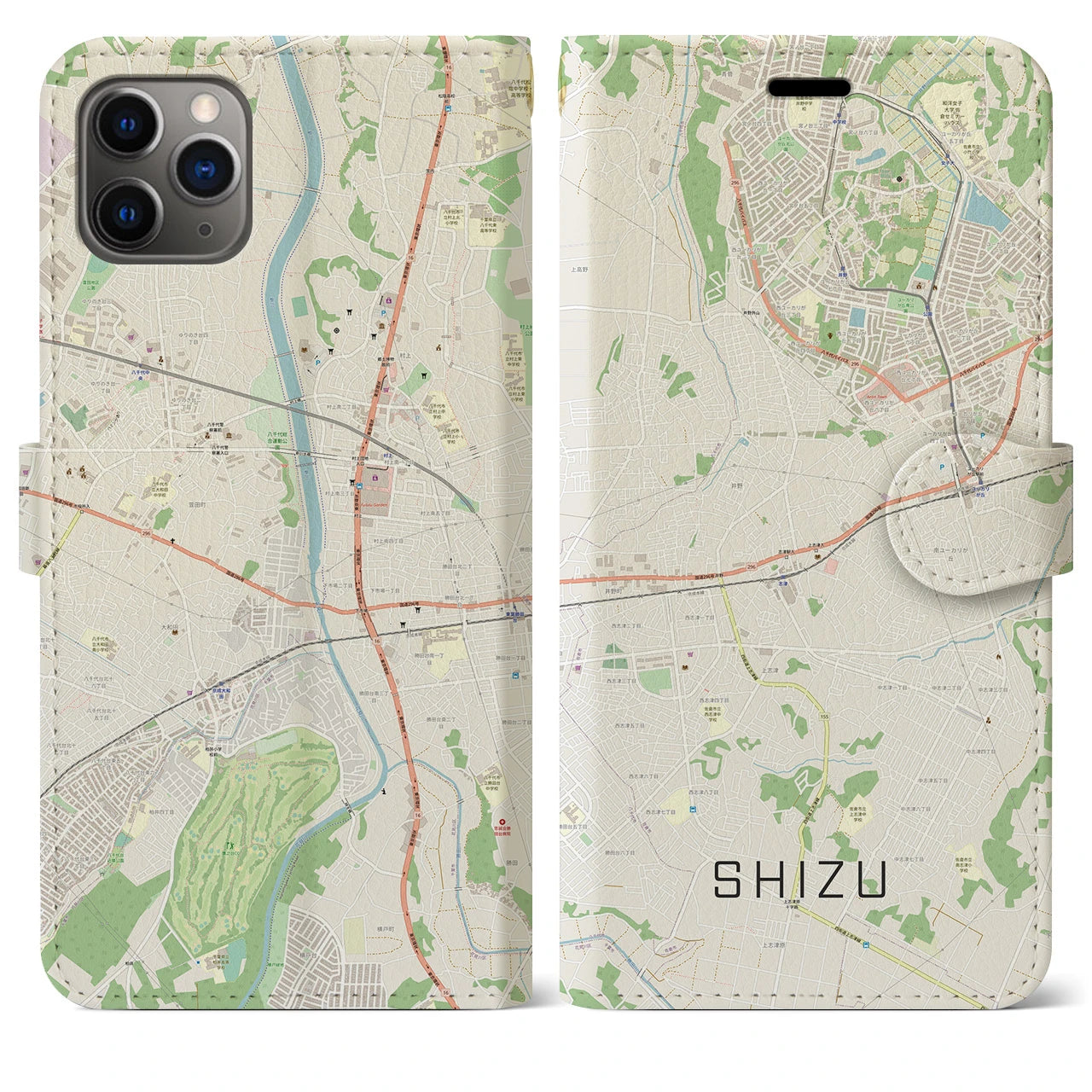 【志津】地図柄iPhoneケース（手帳両面タイプ・ナチュラル）iPhone 11 Pro Max 用