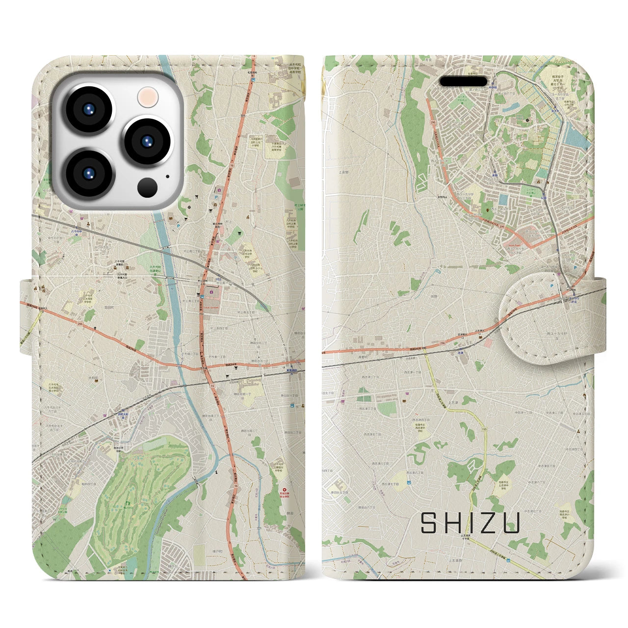 【志津】地図柄iPhoneケース（手帳両面タイプ・ナチュラル）iPhone 13 Pro 用