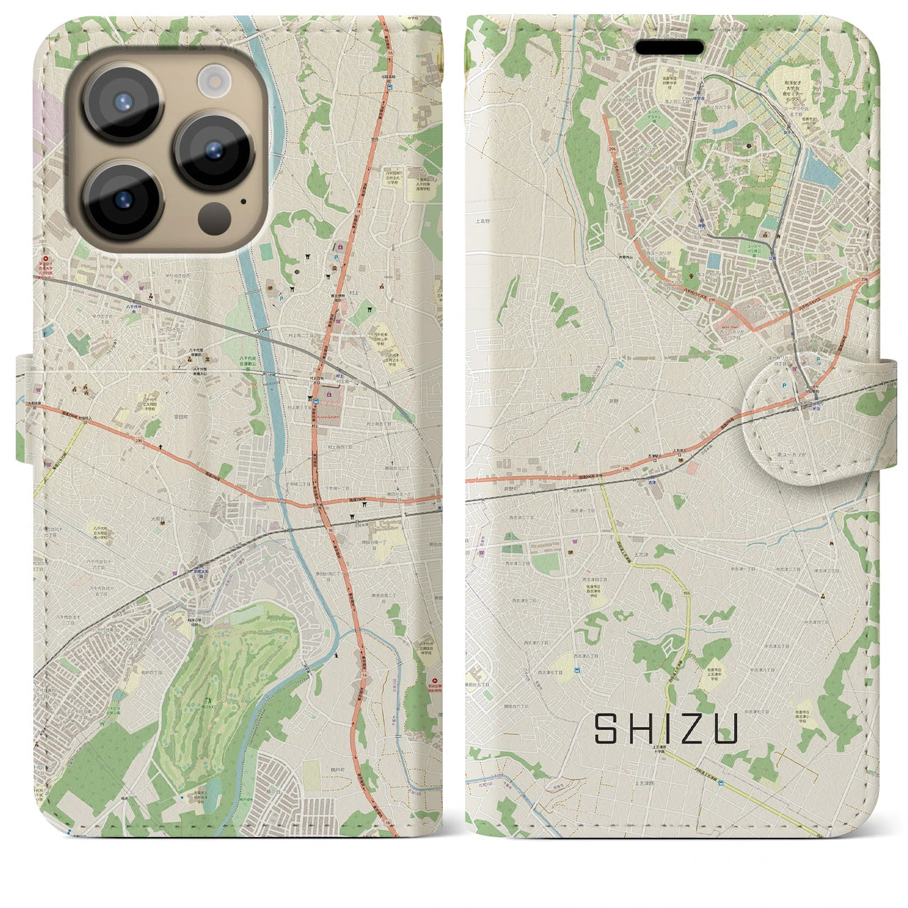 【志津】地図柄iPhoneケース（手帳両面タイプ・ナチュラル）iPhone 14 Pro Max 用