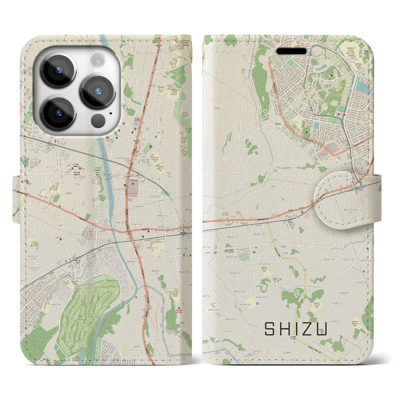 【志津】地図柄iPhoneケース（手帳両面タイプ・ナチュラル）iPhone 14 Pro 用