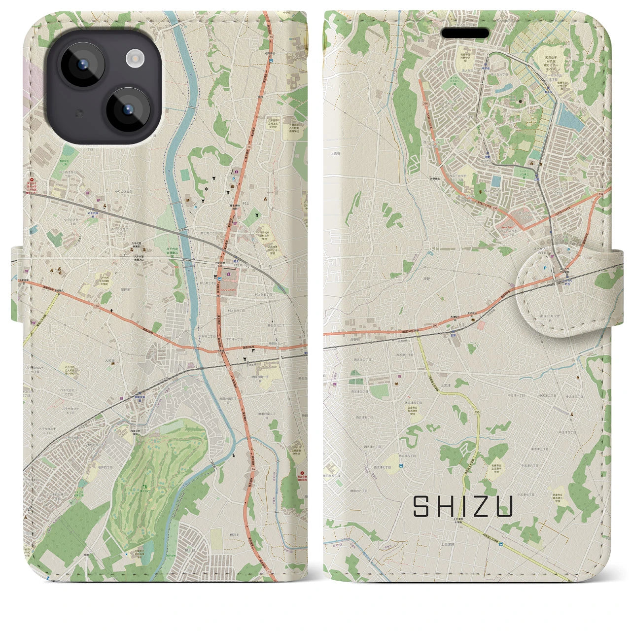 【志津】地図柄iPhoneケース（手帳両面タイプ・ナチュラル）iPhone 14 Plus 用