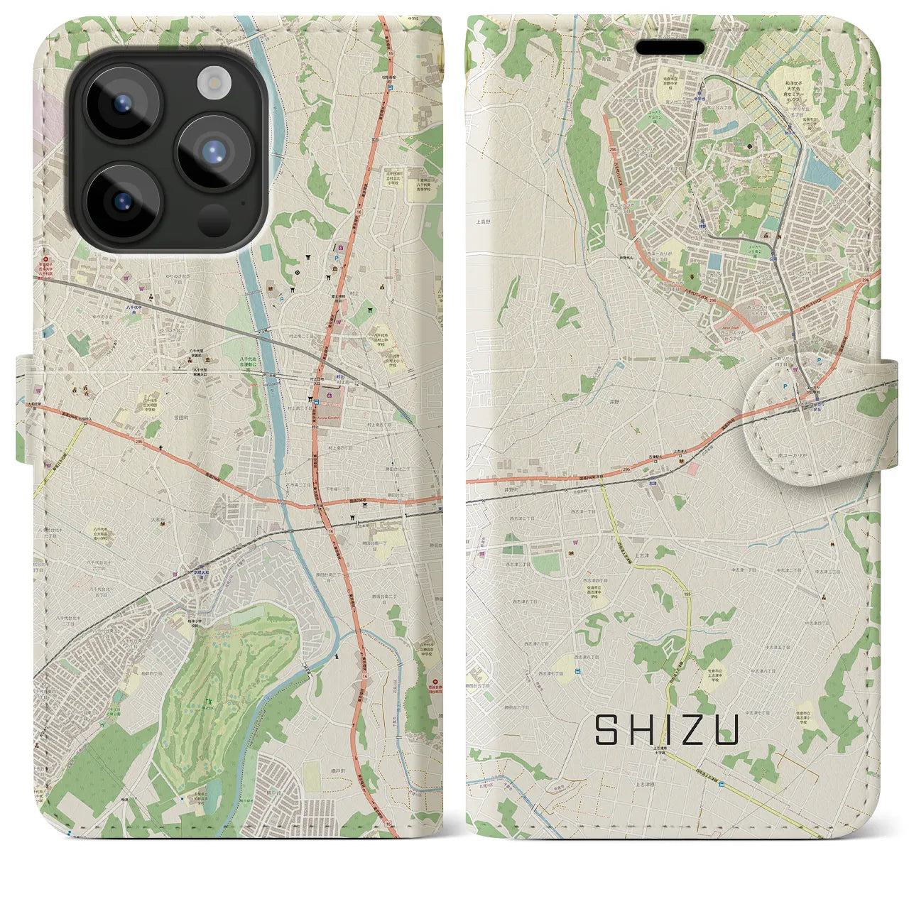 【志津】地図柄iPhoneケース（手帳両面タイプ・ナチュラル）iPhone 15 Pro Max 用