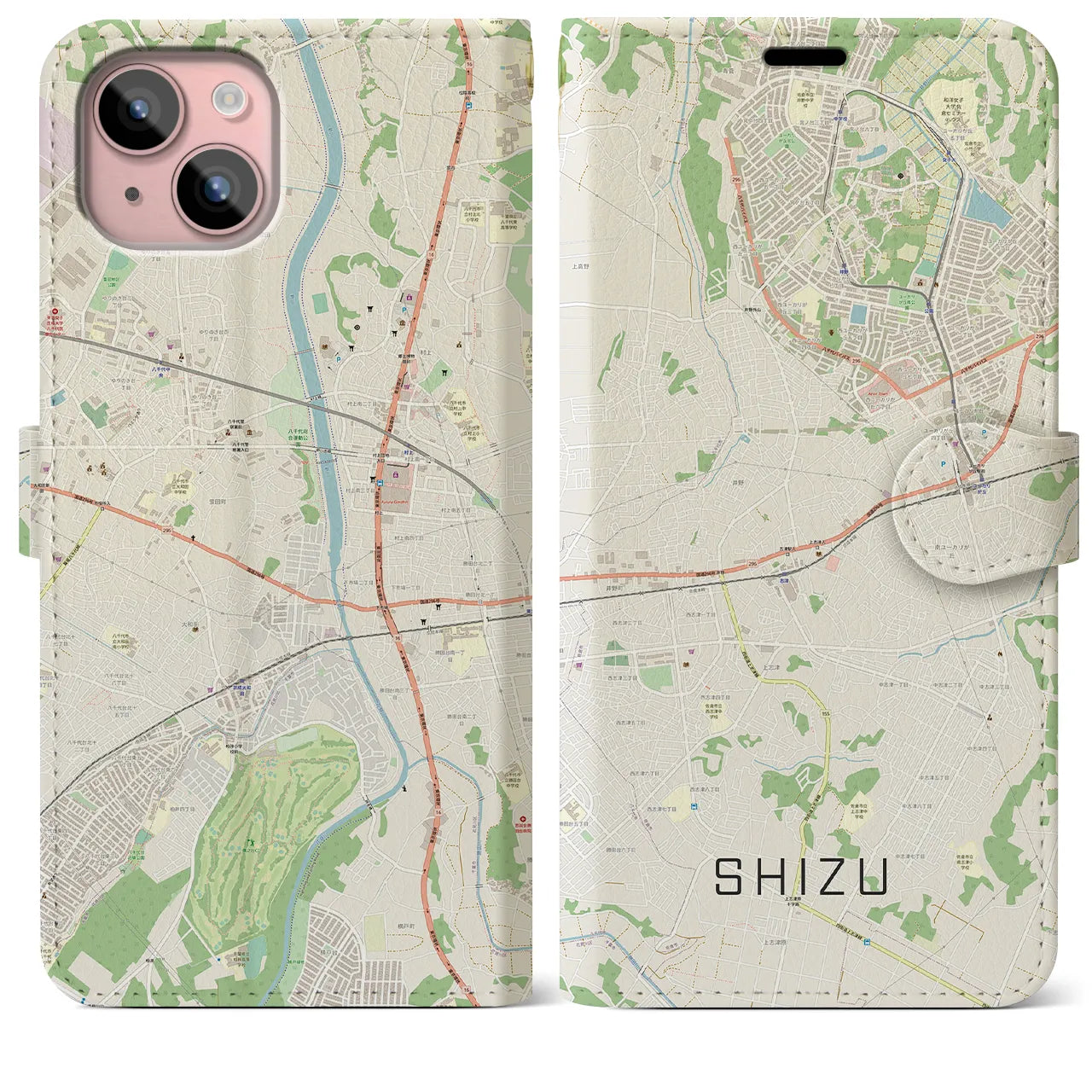 【志津】地図柄iPhoneケース（手帳両面タイプ・ナチュラル）iPhone 15 Plus 用
