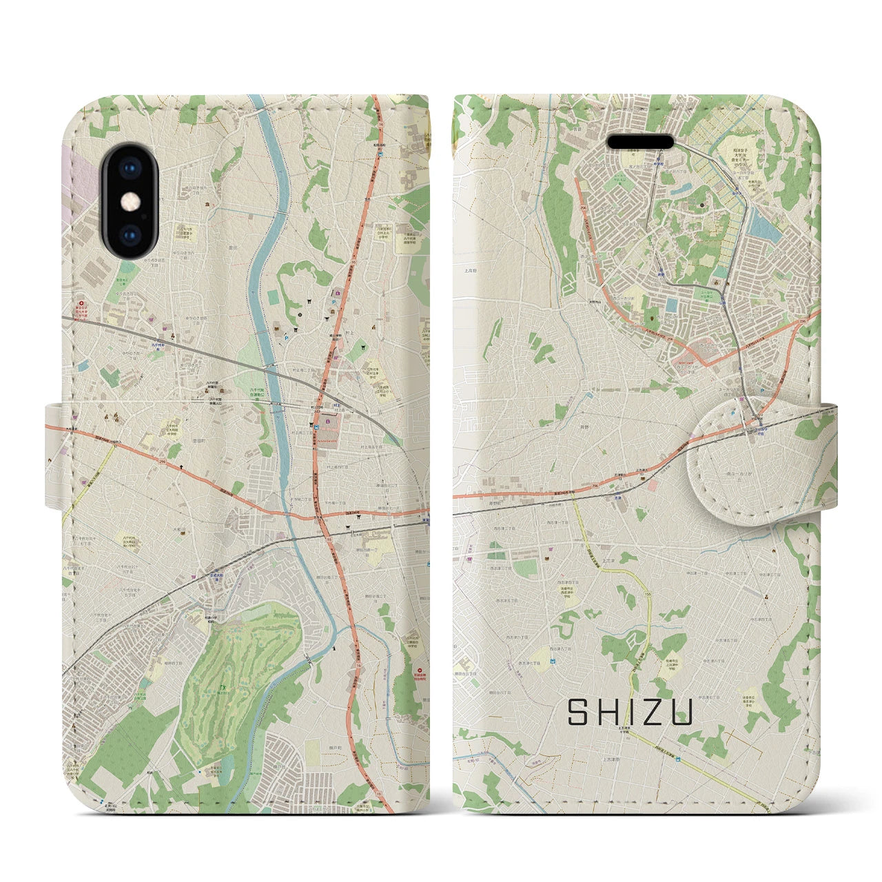 【志津】地図柄iPhoneケース（手帳両面タイプ・ナチュラル）iPhone XS / X 用