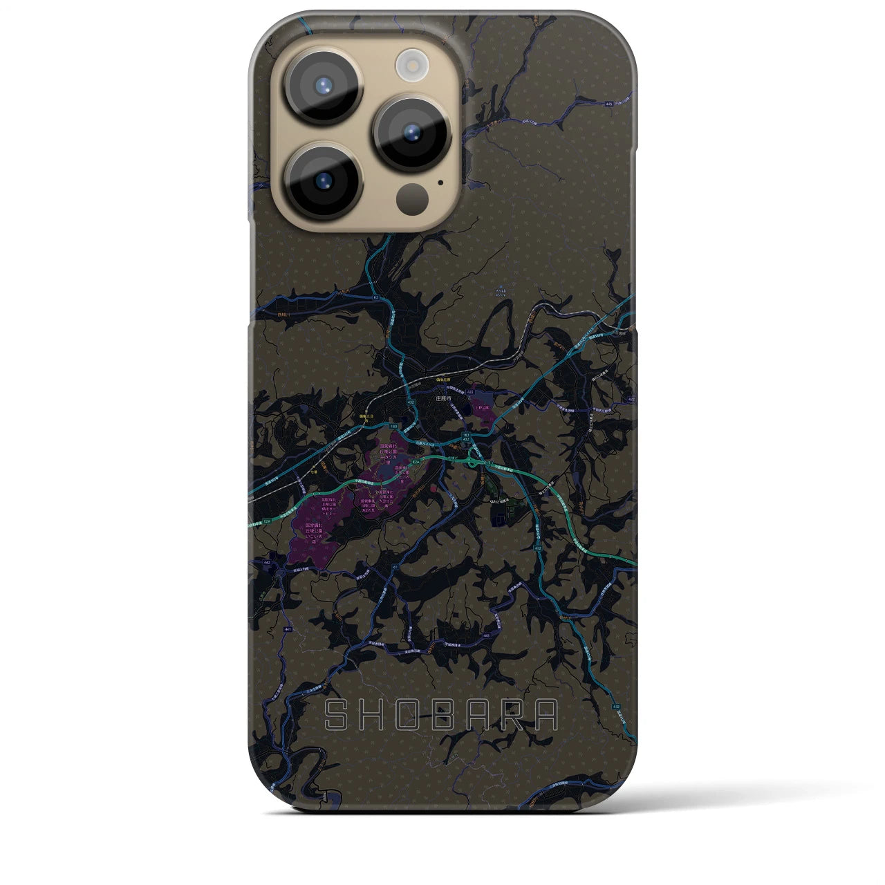【庄原】地図柄iPhoneケース（バックカバータイプ・ブラック）iPhone 14 Pro Max 用