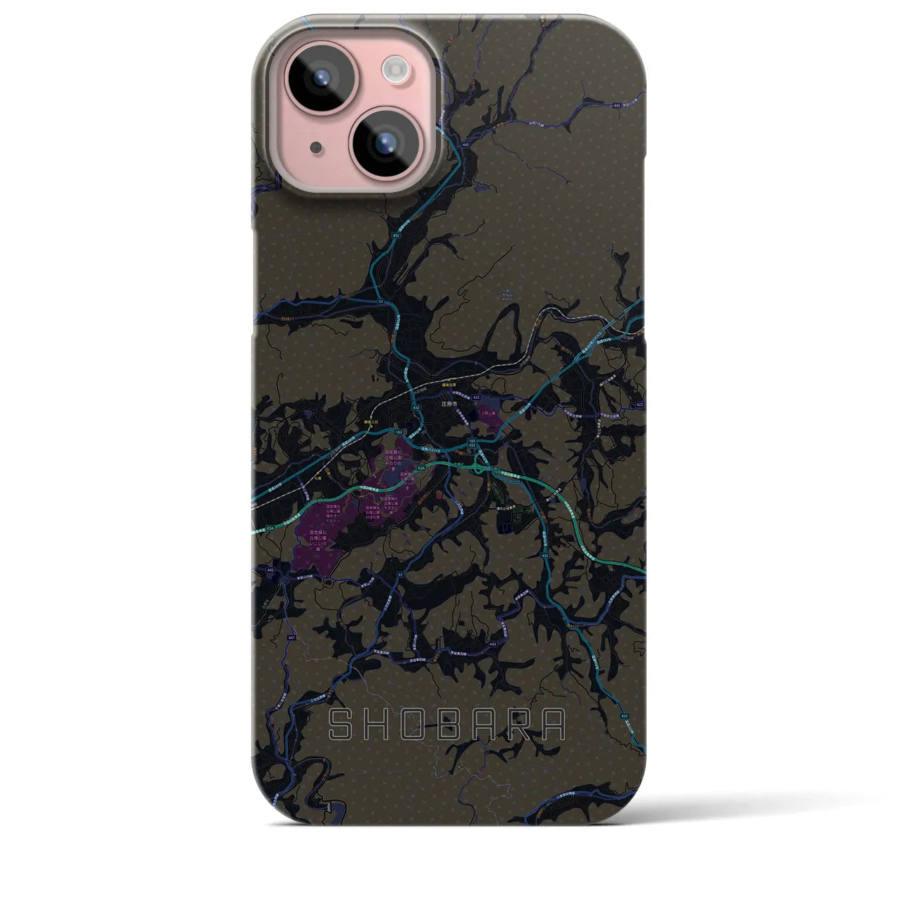 【庄原】地図柄iPhoneケース（バックカバータイプ・ブラック）iPhone 15 Plus 用