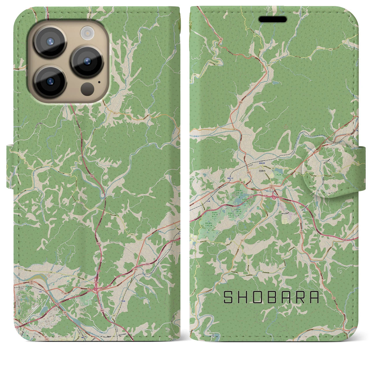 【庄原】地図柄iPhoneケース（手帳両面タイプ・ナチュラル）iPhone 14 Pro Max 用