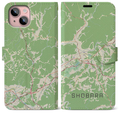 【庄原（広島県）】地図柄iPhoneケース（手帳タイプ）ナチュラル・iPhone 15 Plus 用