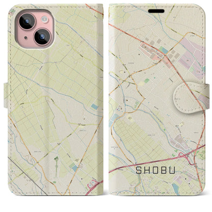 【菖蒲（埼玉県）】地図柄iPhoneケース（手帳タイプ）ナチュラル・iPhone 15 Plus 用