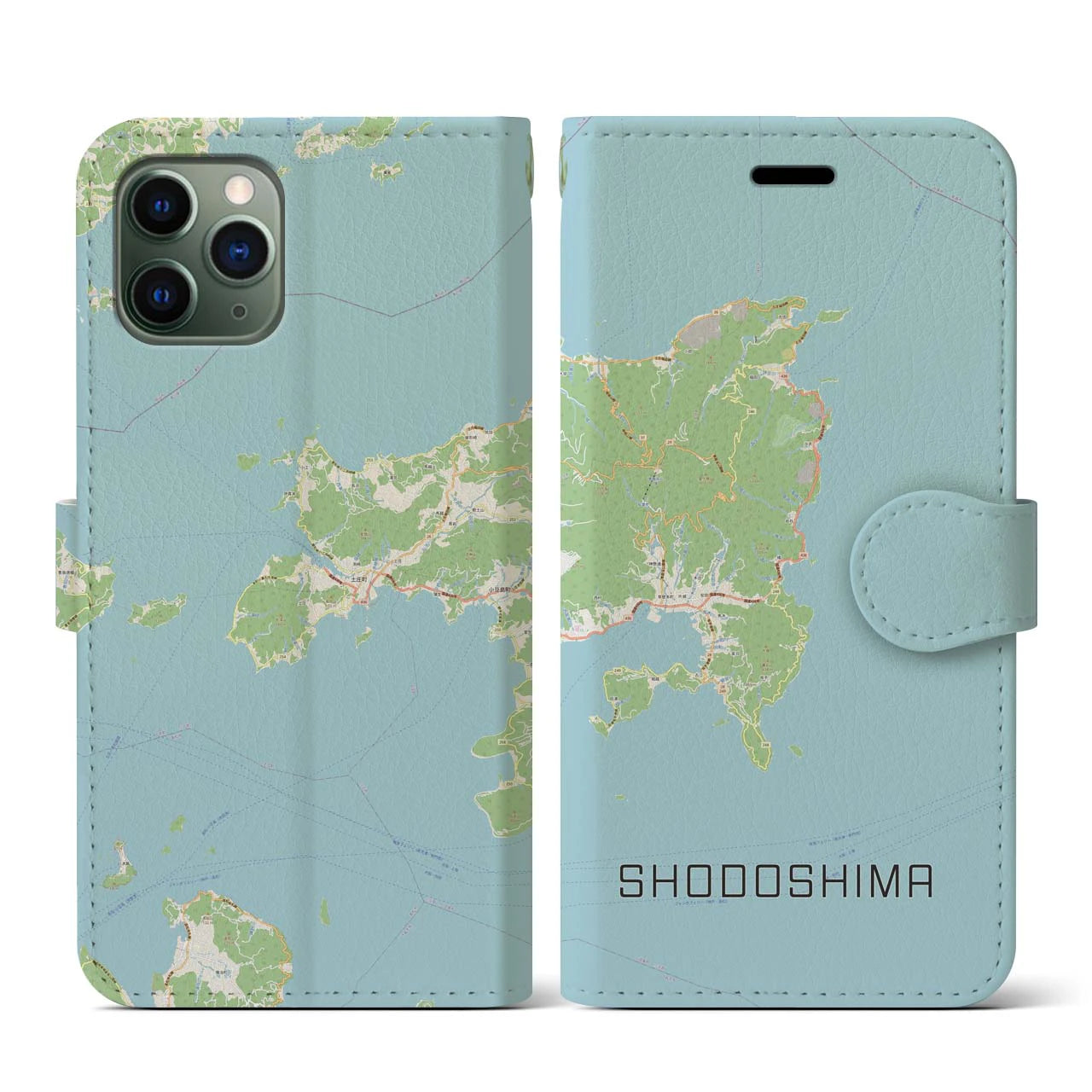 【小豆島】地図柄iPhoneケース（手帳両面タイプ・ナチュラル）iPhone 11 Pro 用