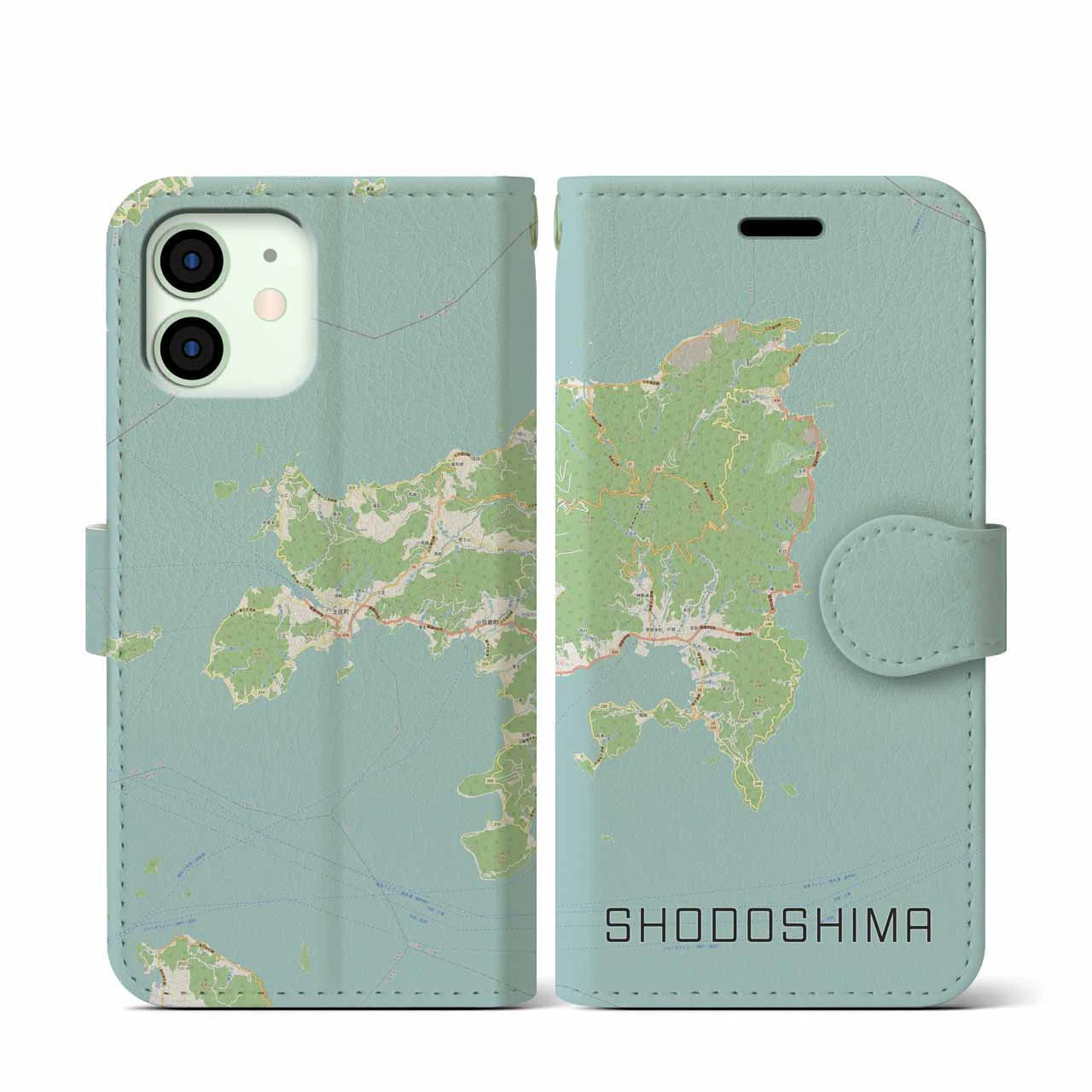 【小豆島】地図柄iPhoneケース（手帳両面タイプ・ナチュラル）iPhone 12 mini 用