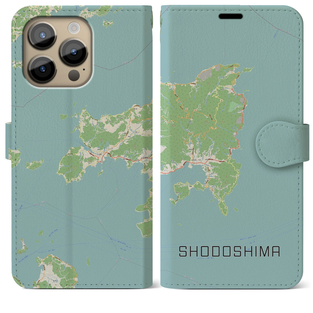 【小豆島】地図柄iPhoneケース（手帳両面タイプ・ナチュラル）iPhone 14 Pro Max 用