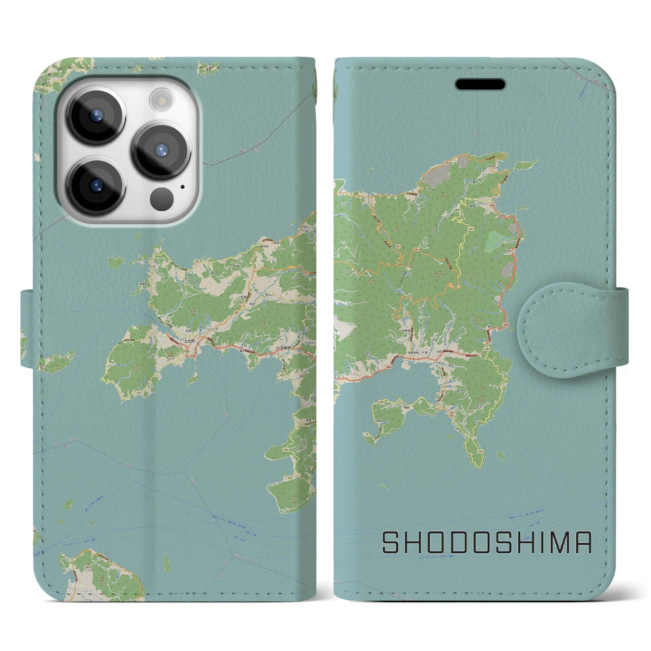 【小豆島】地図柄iPhoneケース（手帳両面タイプ・ナチュラル）iPhone 14 Pro 用